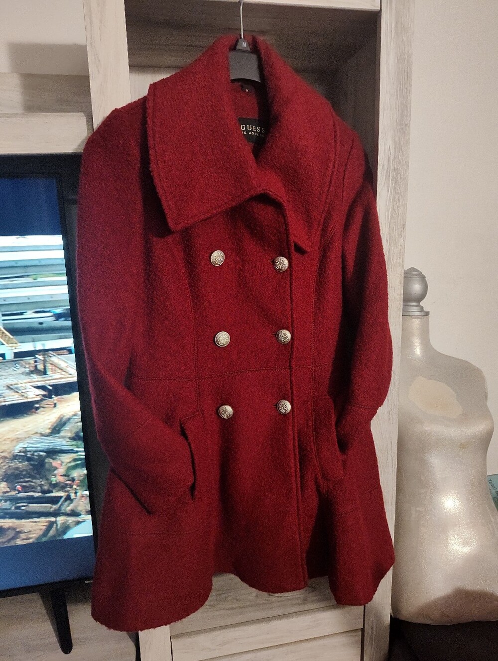 GUESS Women's Deep Red Double-Breasted Pea Coat SZ M New No Tags